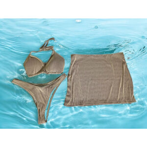 Size XL Three Piece Bikini Swimsuit Set and skirt coverup Beige Brown 1596I